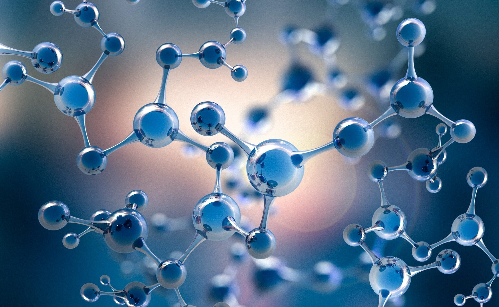Abstract molecule model. Scientific research in molecular chemistry. 3D illustration on a blue background