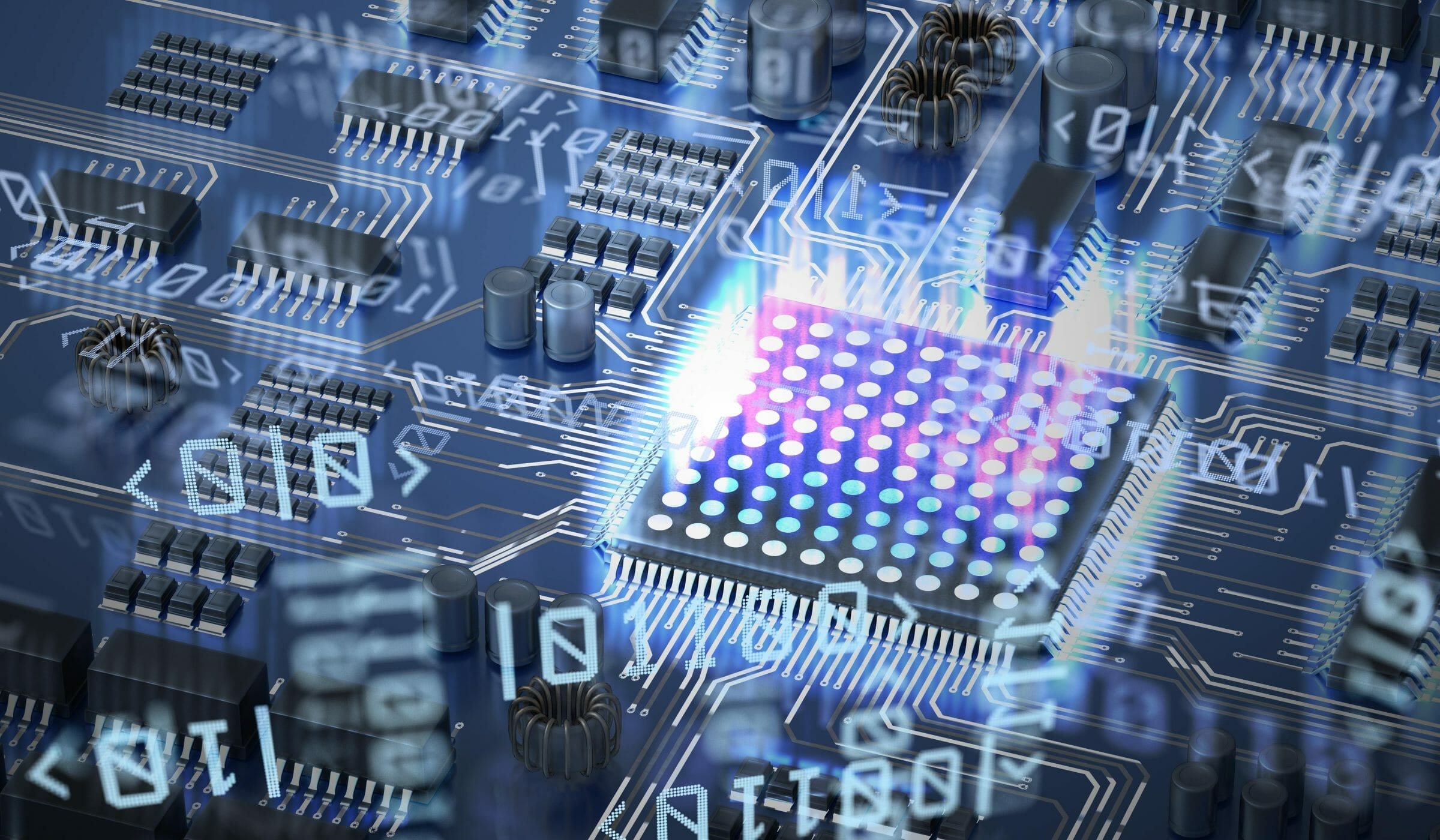 Quantum computing concept. Circuit and qubits in background