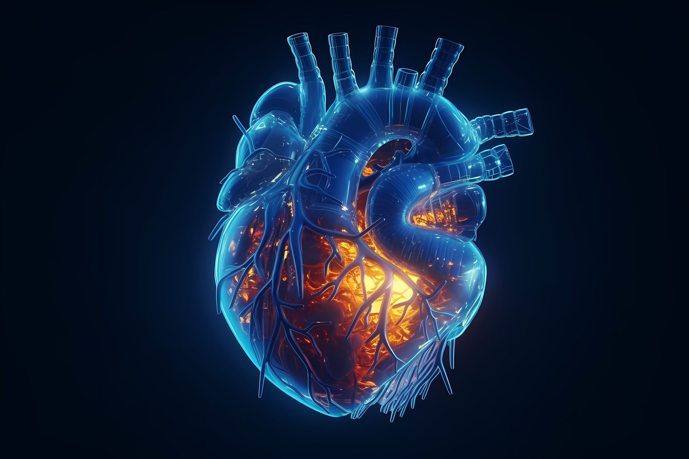 Cardiac technology, innovations in medicine and transplantology. Cardio training and modern technologies. Human heart anatomy 3d illustration. Generative Ai.